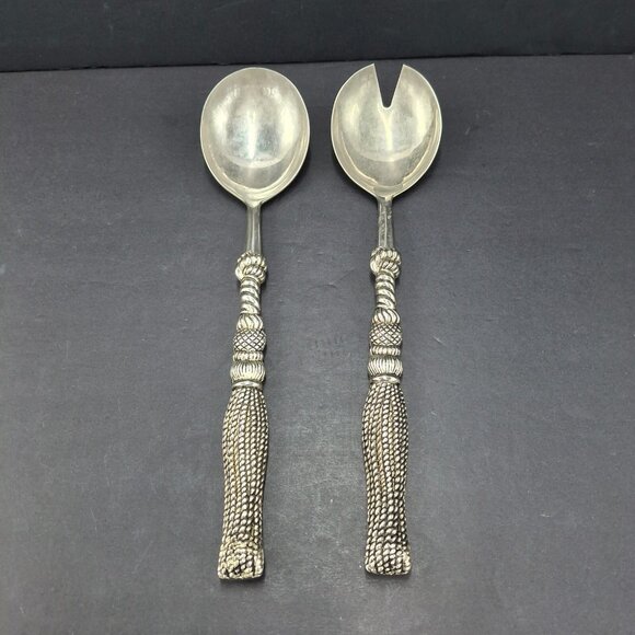 Silea Silver Plate Salad Serving Set Fork & Spoon Textured Rope Handle -Italy - Picture 1 of 14